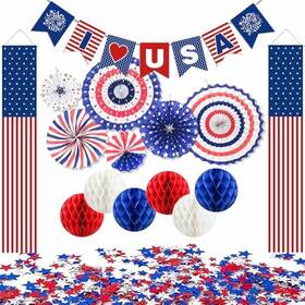 Weuopg 26-0321 Decorations Set Independence Day Hanging Door Banners Paper Fans 4th Of July