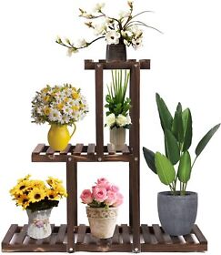 Or2020430h Wood Plant Stand Indoor Outdoor Carbonized Triangle 3 Tiered Corner Rack