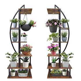 Wwahuayuan 774351303850 2 Pcs Half Moon Plant Stand Indoor 6 Tiers Metal Shelf Ladder Wood Flower
