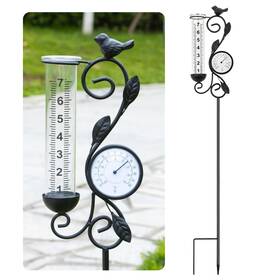 Yngfil Jf03440 32 Inch Garden Rain Gauge With Thermometer - 7 Glass Tube For Outdoor Black