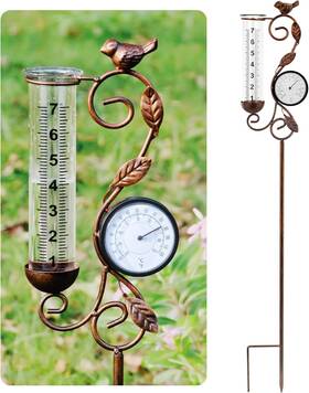 Jf03538 Yngfil 32 Inch Garden Rain Gauge With Thermometer - 7 Glass Tube For Outdoor Bronze