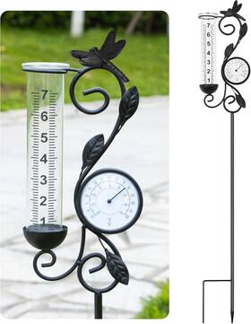 Jf03572 Yngfil Dragonfly Rain Gauge Garden Decor 32 Inch Thermometer Patio 7 Grey