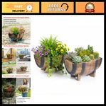 2-PIECE Rustic Half Barrel Flower Pots Faux Wood Planters For Indoor/outdoor. Fixed Price $69.99.
