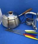 Vtg Mcm Monarch Stainless Steel Fondue Pot 6 Fork Stand Burner Complete Set. Fixed Price $33.50.