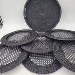 7 Piece Wicker Rattan Basket Tray & 6 Table Place Mats Black/gold Accent Outdoor. Fixed Price $27.96.