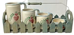 Vintage Ceramic Measuring Cups With Wooden Picket Fence Holder. Fixed Price $15.00.