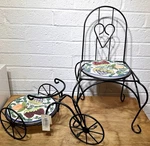 Vintage Wrought Iron Plant Stand Set Tricycle & Chair Fruit Ceramic Tile Decor. Fixed Price $55.00.