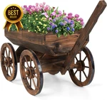 Rustic Wooden Wagon Planter With Wheels Outdoor Garden Flower Cart Patio Balcony. Fixed Price $120.56.