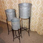 New Transpac Set Of 3 Corrugated Silver Galvanized Metal Planters Black Stands. Fixed Price $189.07.
