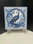 New!! Blue Peacock Floral Ceramic Tile 4X4 Butterfly Garden Decor W/ Stand. Fixed Price $10.00.