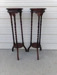 2 Barley Twist Plant Stands Turned Spool Torchieres Pair Tall Tables Wood Foyer. Fixed Price $350.00.