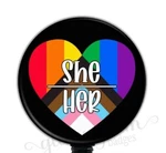 Inclusive Pride Flag Badge Reel, Holder, Pronoun Progress GG5896B. Fixed Price $12.95.