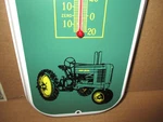 John Deere Quality Farm Equipment Tin Thermometer Sign - Four Leg & Tractor. Fixed Price $25.99.