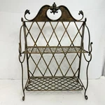 Vintage French Style 2 Tier Antiqued Gold Metal Standing Plant Shelf Scroll Fold. Fixed Price $45.00.