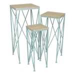 Benjara Mito 3PC Nesting Plant Stand Table- Brown Wood Top- X Cross Blue Metal. Fixed Price $179.56.