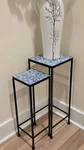 Metal Tile Plant Holder Set, Geometric Pattern, Blue White, Indoor Use. Fixed Price $25.00.