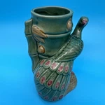 Vintage Green Pottery Peacock Bird Ceramic Vase Bamboo Garden Planter Decor 6". Fixed Price $20.95.