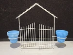 Akro Agate White Wire Metal Planter Stand W/ 2 Blue Slag Glass Flower Pots. Fixed Price $142.49.