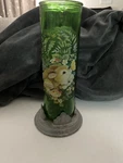 Vintage 70'S Tall Green Bunny/mushrooms Jar Glass Candle Holder Pewter Stand. Fixed Price $22.00.