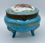 Vtg Nancy Pew Pedestal Trinket Box Hinged Lid Floral Blue Ceramic 3 Feet Japan. Fixed Price $21.60.