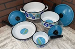 Vintage National Silver Company Blue Flower Pot Set Porcelain Steel Spain Rare. Fixed Price $189.05.