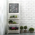 White Wood Sidewalk Frame Chalkboard Sign Stand With 3 Display Shelves. Fixed Price $99.99.