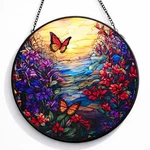 Stained Glass Suncatcher, Butterfly Floral Coastal Sunset Window Hanging, Rea.... Fixed Price $19.19.