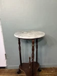 Round Marble Top Plant Stand Table, Dark Wood Base, Indoor Traditional Accent. Fixed Price $40.00.