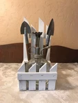 Vintage Plant Garden Spritzer W/ Tools Wooden Picket Fence Holder. Fixed Price $22.00.