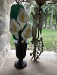 Antique Frech Cast Iron Urn Planter W/ Wooden Iris Flower Frog Primitive Lovely. Fixed Price $149.99.