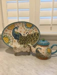 Artistic Accents Colorful Peacock Tea Pot And Platter By Coastline Imports. Fixed Price $54.75.