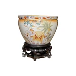 8"D Elephant Palm Trees Design Fish Bowl Jardiniere Planter Pot & Stand. Fixed Price $39.99.