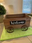 Wood Wagon Flower Planter Pot Stand W/4 Wheels & Welcome Sign Home Garden Decor. Fixed Price $20.21.