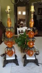 Hollywood Regency Table Lamps Amber Glass Mcm Tall Pr Large Crystals Marble 26". Fixed Price $325.00.