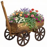 Rustic Wooden Wagon Planter Rolling Flower Cart W/ Adjustable Handle For Garden. Fixed Price $75.99.