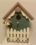 Vtg Wooden Bird House Hanging Key Holder Hooks White Picket Fence. Fixed Price $14.50.