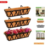 Art Deco Railing Box Set - 3 Pcs, 24" Metal Planters With Coco Liner. Fixed Price $119.95.