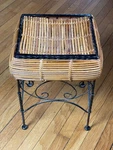 Vintage Small Wicker Side Table Iron Scrollwork Frame Plant Stand Boho Chic Mcm. Fixed Price $95.00.
