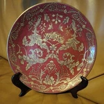 Vintage Oriental Accent Heavy 10"FLORAL Gold&red Decorative Plate &wooden Stand. Fixed Price $22.30.