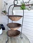 Vintage 30 High Wrought Iron Three Tier Stand Rack With Wicker Rattan Baskets. Fixed Price $140.00.