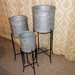 New Transpac Set Of 3 Corrugated Silver Galvanized Metal Planters Black Stands. Fixed Price $174.50.