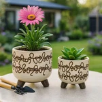 6 In. And 8 Beige Ceramic Tribal Decorative Planters With Saucer (set Of 2). Fixed Price $28.02.