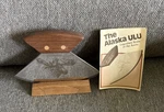 Alaska Ulu Knife 6" Stainless Steel Moose Etched Blade Walnut Handle Wood Stand. Fixed Price $17.99.