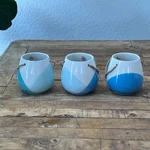 Studio Art Ceramic Hanging Planters Set Of 3 4.25" Diagonal Blue Dip Glaze. Fixed Price $28.00.