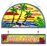 Welcome Palm Tree Sunset Design Art Glass Sun-catcher 10". Fixed Price $9.99.