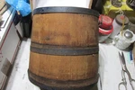 Antique Wood Sugar Pail Wire Handle 7 1/2" Tall Wide At Top Covered. Fixed Price $105.00.