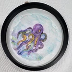 Hand-painted Watercolor Octopus Painting Round Black Frame Contemporary Art. Fixed Price $7.75.