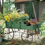 Rustic Green Wooden Amish Country Wagon Garden Statue Planter. Fixed Price $49.95.