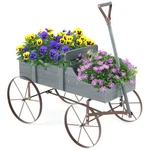 Wooden Wagon Plant Bed Metal Wheels Garden Yard Patio Gray. Fixed Price $70.47.