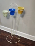 Akro Agate White Wire Metal Floor Planter Stand W/ 3 Slag Glass Flower Pots. Fixed Price $232.02.